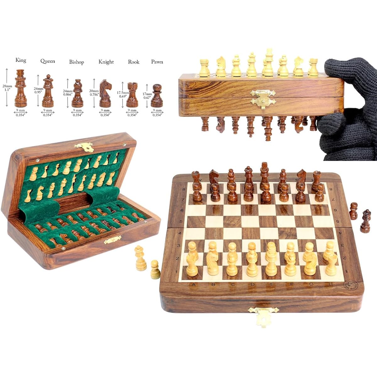 House of Chess - 6.5" Wooden Magnetic Folding Travel Chess Set | Board - Algebraic Notation - 2 Queens - Handmade - Premium Quality (Golden Rosewood/Maple Wood)