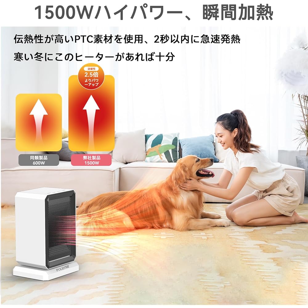 POLENTAT 2023 Winter Model Ceramic Heater, Electric Fan Heater, Small, 1500W, 1,100W, 500W, 4 Level Switching, 6-9 Tatami Mat, 2 Second Heat, 70° Neck Shake, Fall Auto Off, Timer Off, Handle Included,