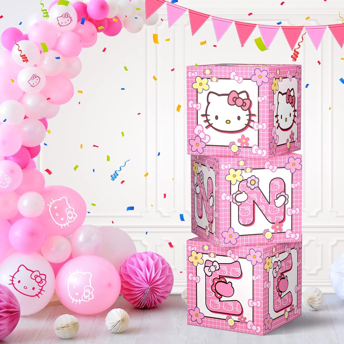 AFZMON Hello Kitty Decoration Balloon Box 3 Pieces Pink Kitty 1st Birthday Party Decoration Box Hello Party Baby Shower Cute Kitten Theme Party Decoration Accessories Pink Supplies