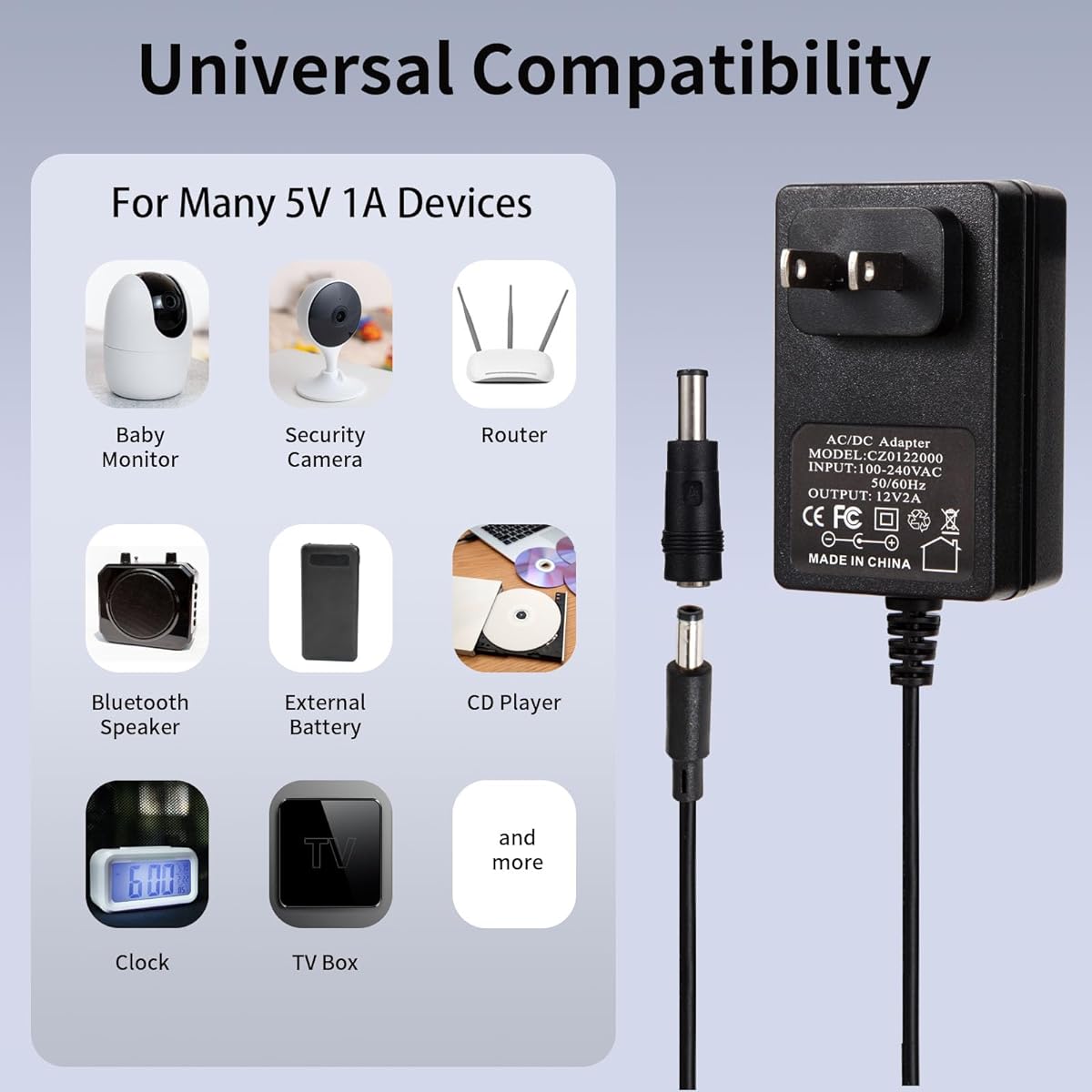 5V 1A AC Adapter Power Cord 5 Volt 100mA 200mA 300mA 400mA 500mA 600mA 800mA 900mA 1000mA Equipment DC Plug 5.5 x 2.1mm & 2.5mm