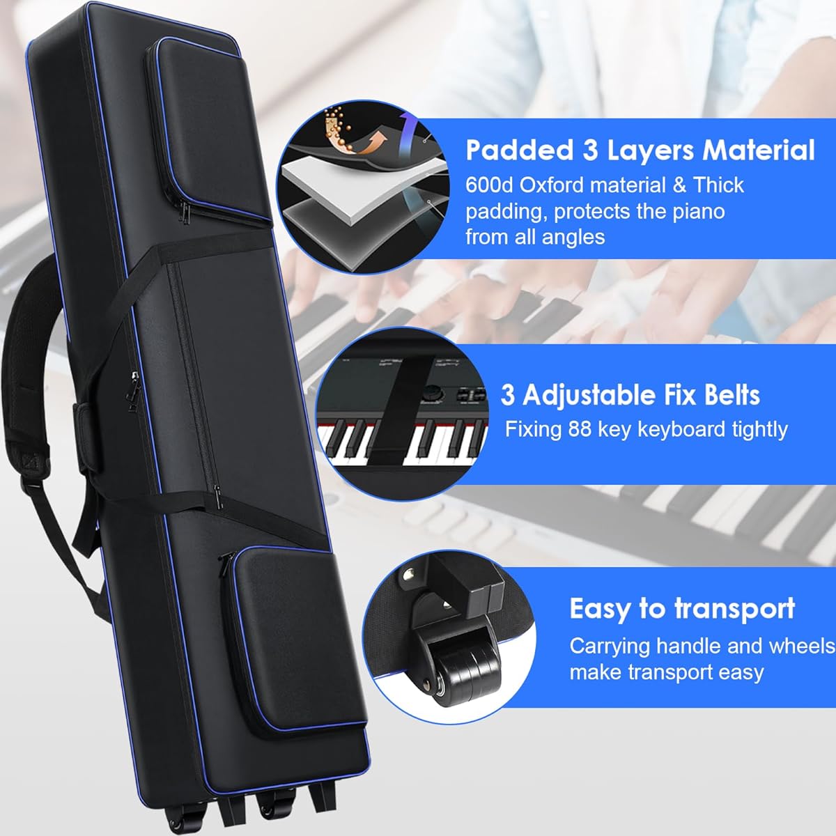 Key Keyboard Case with Casters (53" x 14.5" x 7") | 88 Key Keyboard Rolling Bag 3 Pockets | 88 Key Keyboard Roller Bag Soft Padded Case with Handle & Shoulder Strap for 88 Key Keyboard, Black///White , 53*14.5*7inches, 88 keys keyboard case with wheels.
