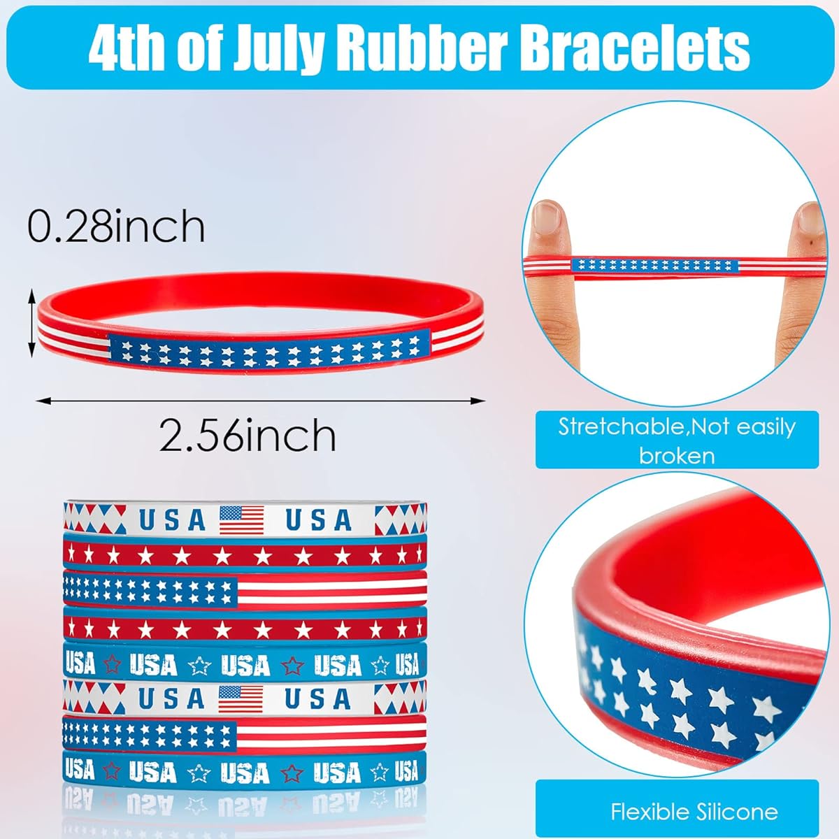 4th of July Patriotic Rubber Bracelets American Flag Red White Blue Silicone Wristband Bracelets Independence Day Party Favors Gifts for Men Women Teens (36 Pieces)