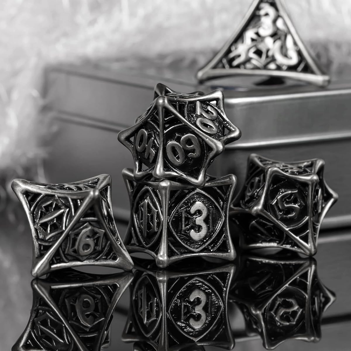 UDIXI Metal DND Dice Set - Metal Dice Hollow Spider Web for Role Playing Games, Set of 7 Polyhedral Dice for Dungeons & Dragons, MTG, Pathfinder, Tabletop Games, RPG Dice (Ancient Silver)