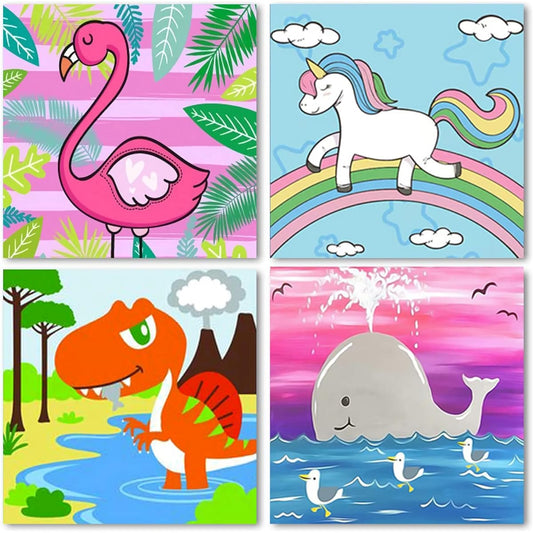 AOSGEDY 4 Pack Paint by Numbers for Kids Easy Painting for Beginners Unframed Ages 4-8 Acrylic Watercolor Paints by Numbers Art Great Gift 8x8 Inch