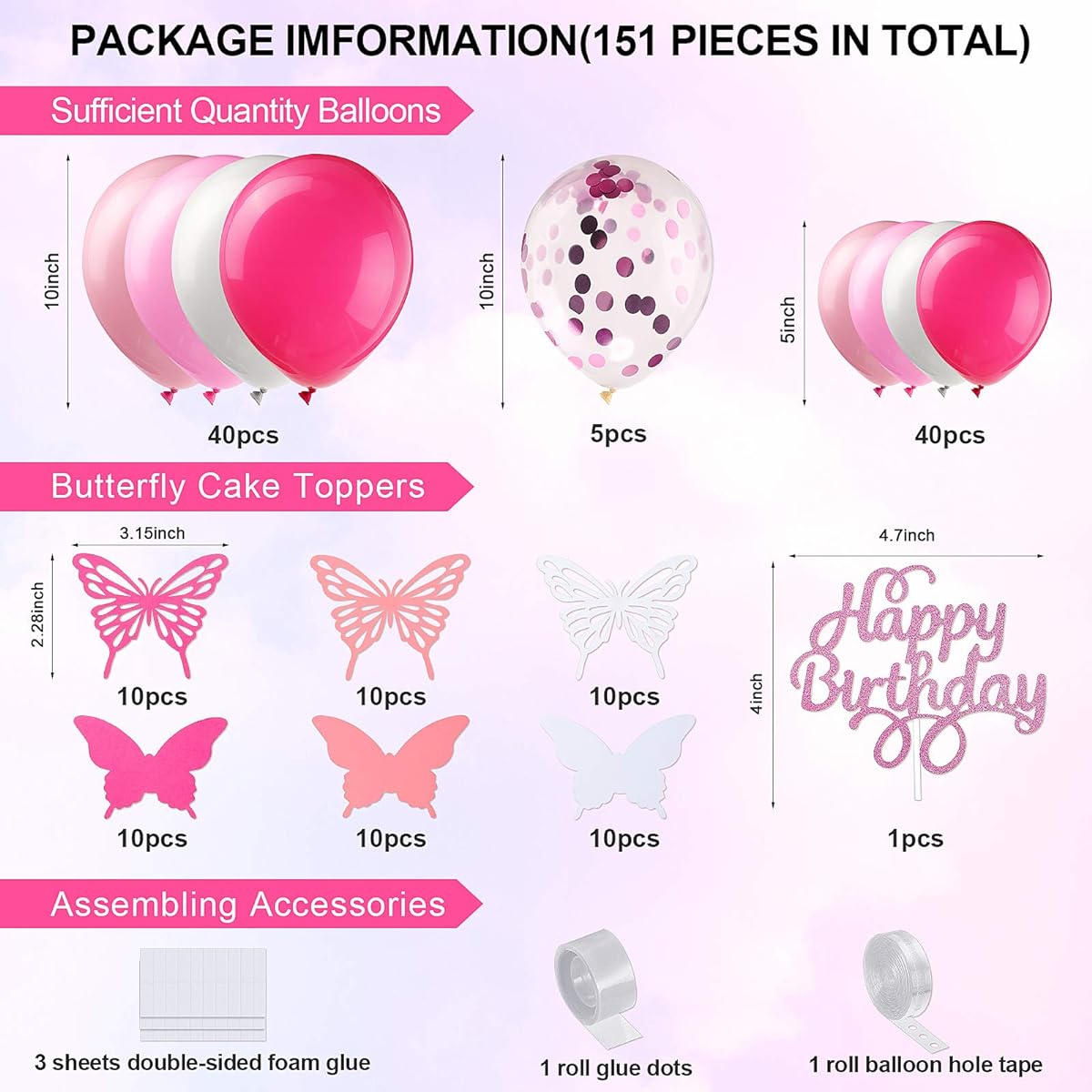 151pcs Butterfly Balloons Garland Arch Kit DIY Balloons Paper Butterflies Birthday Cake Topper for Birthday Party Wedding Decorations (Pink)