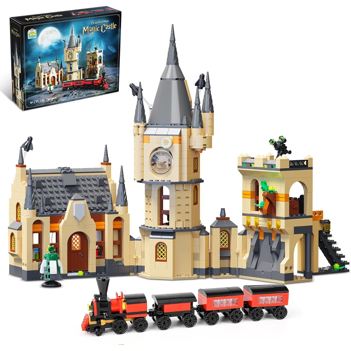 QLT Harry Castle Clock Tower Building Toy Set with Lights, Compatible with Lego Trains, Potter Fans, Boys, Kids, Ages 8-14, Collectibles, Magic Castle Architecture Model for Adults (868 Pieces), YC156