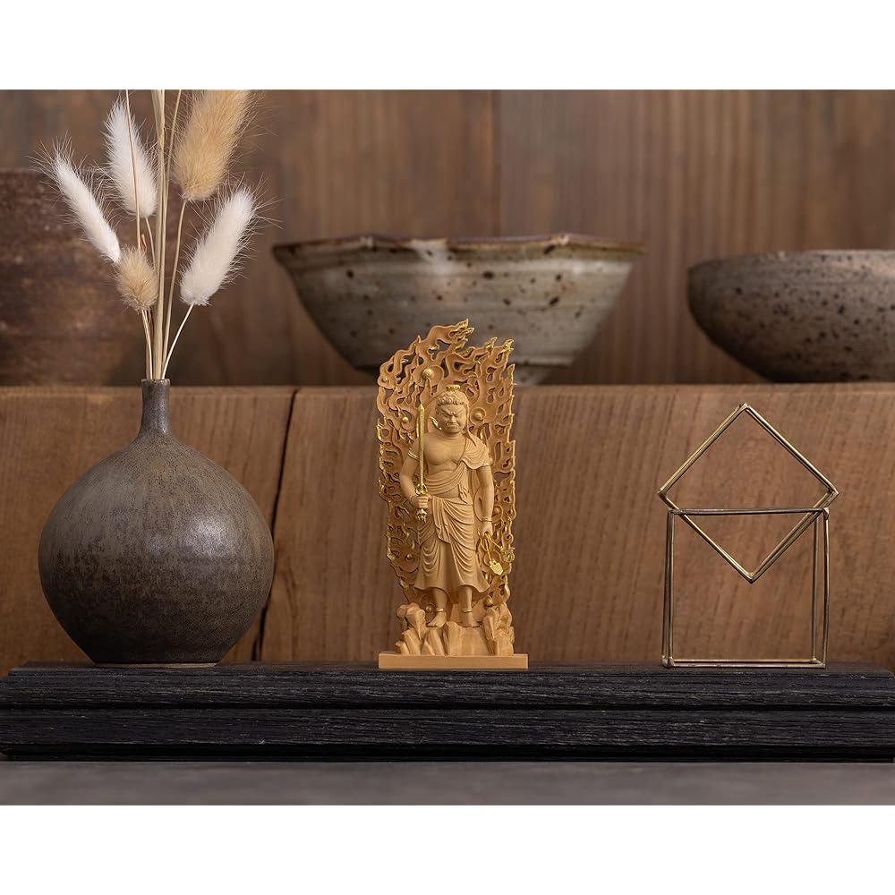 Tiny Buddha Fudo Myoo 11.5cm (Wooden: Boxwood, gold clay finish)_Buddha statue, figure, wood carving, ornament (GSB Fudo Myoo