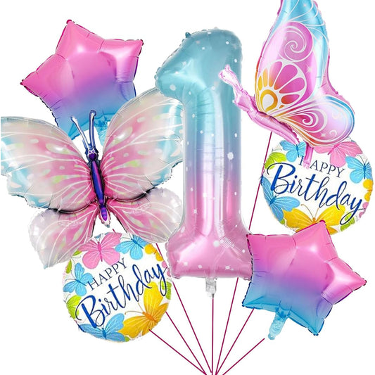7pcs Butterfly Balloons Butterfly 1st Birthday Decorations for Girls, Gradient Colorful Butterfly Foil Balloons for 1st Butterfly Theme Birthday Party Supplies Decor