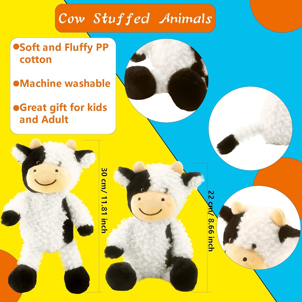Puteraya 2 Pack Cow Plush Toys, Realistic Soft 12" Standing Cow and 9" Sitting Plush Cow Toys Animal Party Favors Birthday Christmas Easter Gifts, 2 Styles