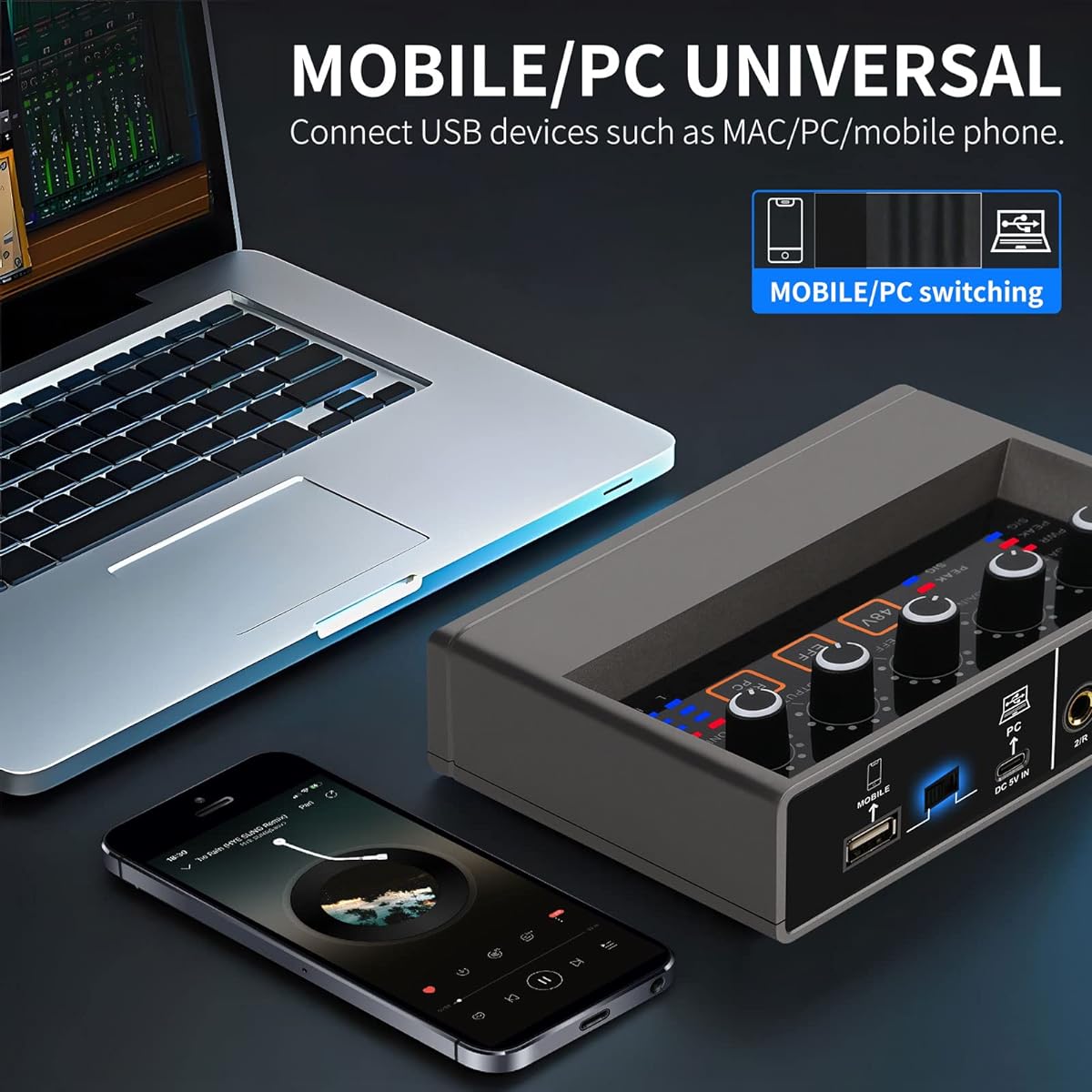 XTUGA Q-16 Professional Audio Interface USB Recording Sound Card 16bit/48kHz Audio Resolution Built-in Monitor Jack DSP Effect 48V Power Supply for Studio Recording K Song Record