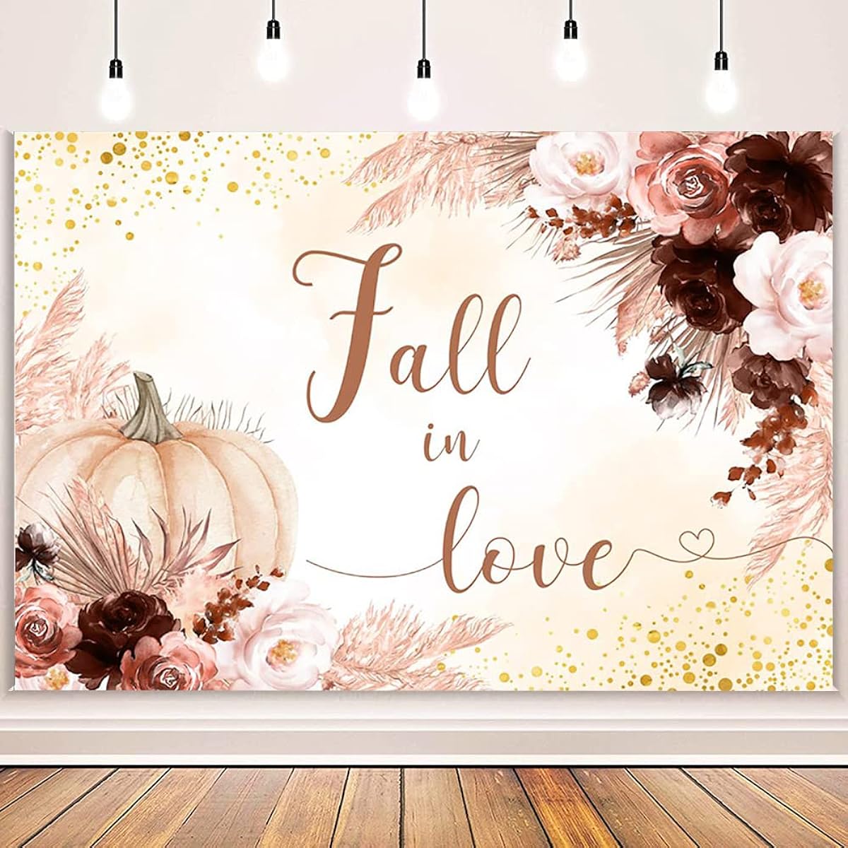 AIBIIN Fall in Love Backdrop Autumn Pumpkins Photography Background Pink Pumpkins Pampas Grass Gold Glitter Dots Wedding Anniversary Cake Table Decor Banner Photo Booth Props Vinyl 7x5ft