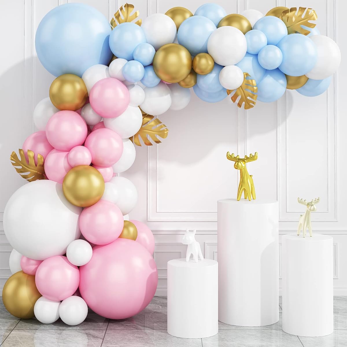 Pink Blue Balloon Arch Kit 85 Pieces Balloon Arch Kit Garland Gender Reveal Balloon Arch with Gold Palm Leaves and White Gold Balloons for Baby Girls Boys Birthday Party Wedding Engagement Decoration