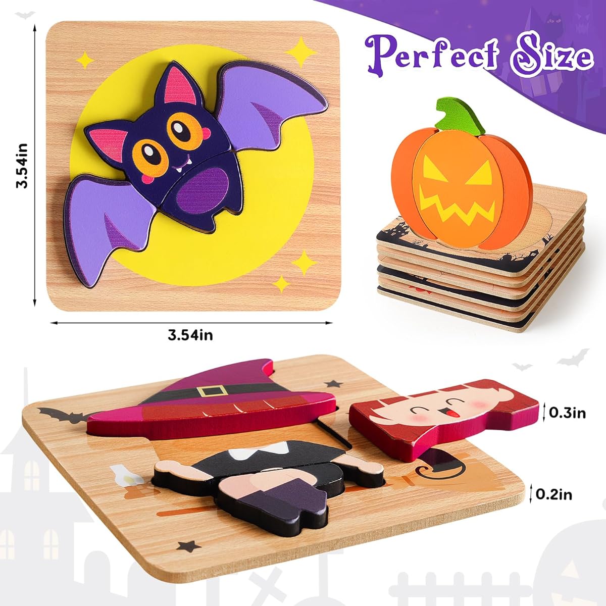 Halloween Toys Gifts for Kids Toddlers - 6 Pack Wooden Puzzle Pumpkin, Crayon, Ghost, Candy, Witch, Spider Designs Halloween Party Favors for Boys Girls Kids Preschool Class Exchange Gifts