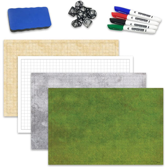 RPG Battle Game Mat - 2 Pack Double-Sided Dry Erase Board 36x24 Inch (4 Terrain Types) + 4 Dry Erase Markers + 1 Eraser + 7 Polyhedral Dice Set - Large Map for Tabletop Role Play for Beginners and Advanced Players