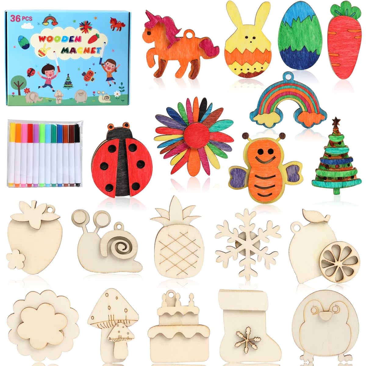 Worgree DIY Wooden Magnets 36pcs Wood Art Craft Supplies Painting Kit for Kids Party Favors for Boys Girls Ages 4-8 8-12 Birthday Easter Craft Gifts Toys Basket Goodie Bag Stuffers