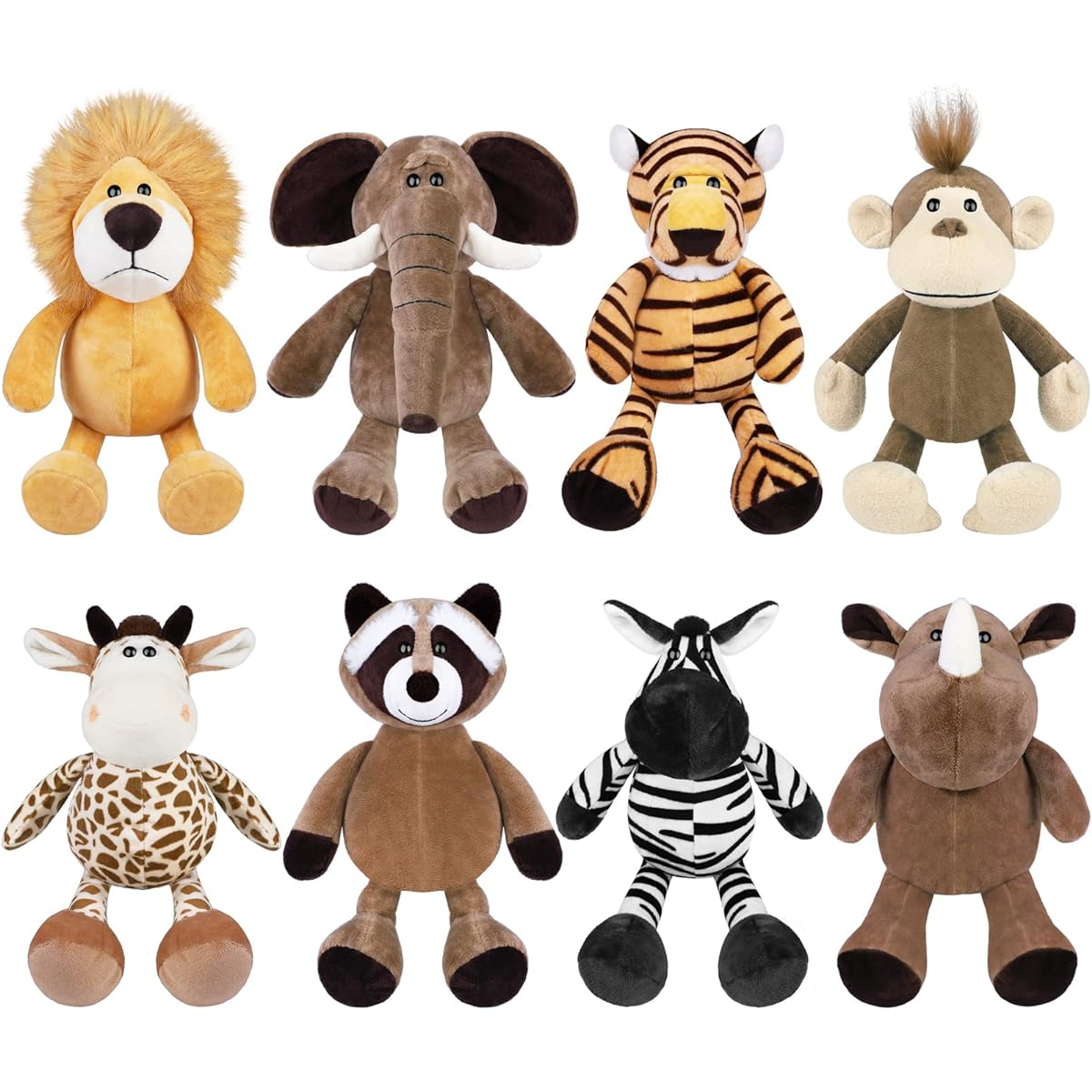 ELCOHO 8 Pieces Safari Plush Jungle Animal Toys 9.8 Inch Zoo Stuffed Animals Set Cute Plush Animal Theme Party Teacher Student Prizes