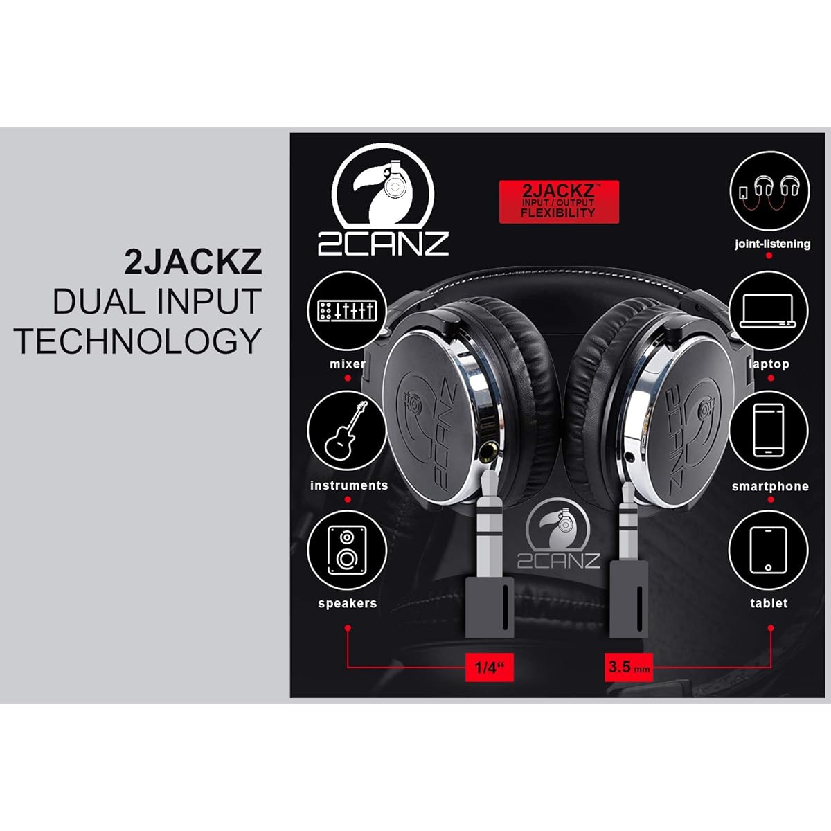 2CANZ Over-Ear Professional Wired DJ Headphones - 50mm Neodymium Drivers Closed-Back Plush Combo Soft Ear Cushions 8-Way Adjustable Ear Pads Foldable Joint Listening