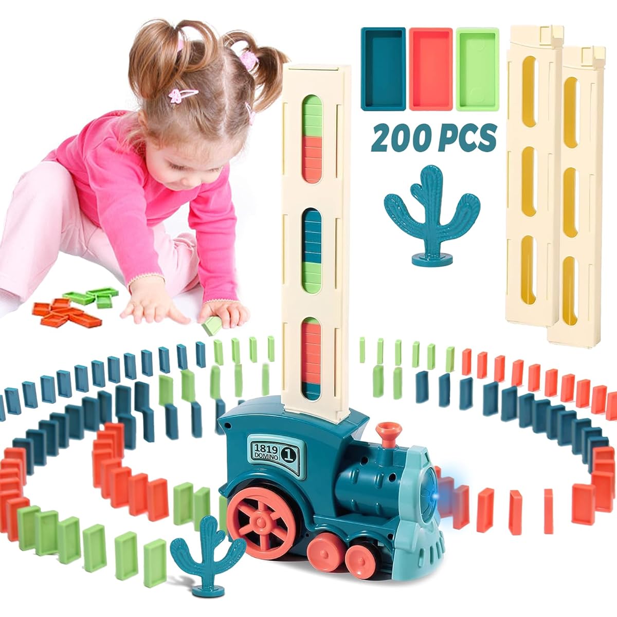 lewedo Domino Train - 200pcs Automatic Domino Train Toy Set, Fun Domino Game, Automatic Block Laying Toy Train Set for Kids, Block Domino Set, Building and Stacking Toys, Gifts for Boys and Girls