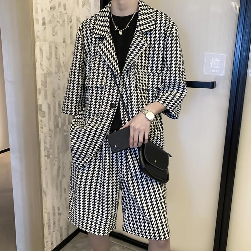 [Majisohiroka] Men's Summer Clothes, Houndstooth Pattern, Open Front, Short Sleeve Jacket, Half Pants, Top and Bottom Set, Sweatshirt, Loose, Jersey, Stylish, Large Size