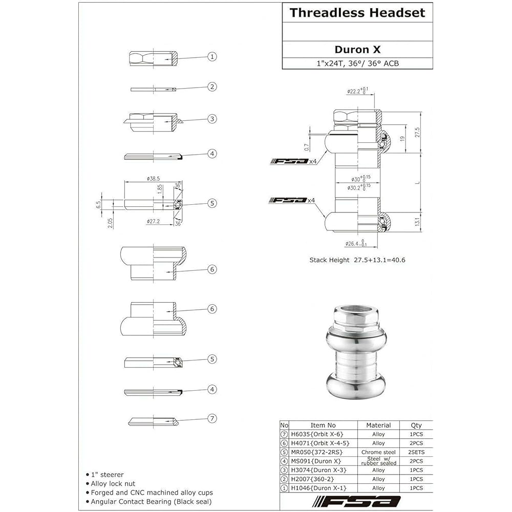 FSA Duron X 1" Inch Threaded Headset 22.4/26.4mm Sealed Bearings, Silver #XTE1713