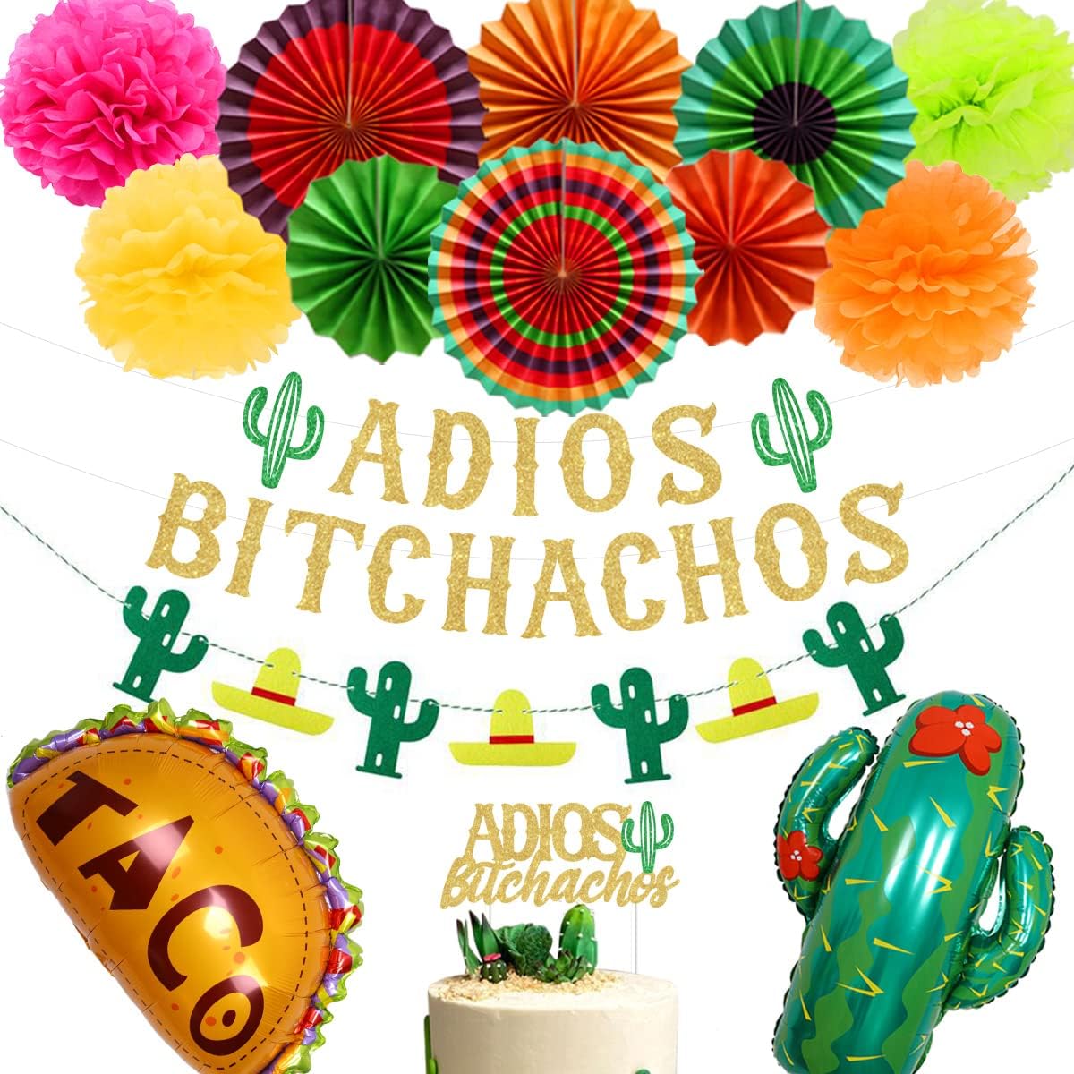 Adios Bitchachos Decoration Banner Cake Topper Paper Fan Pom Pom Fiesta Farewell Career Retirement College Graduation Party Supplies