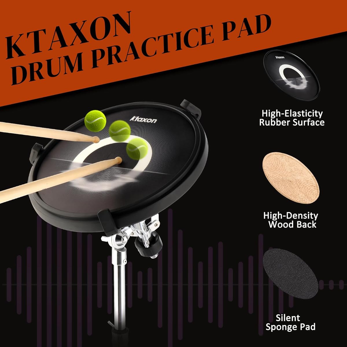 Ktaxon Drum Practice Pad Set Snare Drum Stand Kit with 12" Silent Drum Pad, Drumstick Holder, Bag, and 3 Pairs of Drumsticks. Height Adjustable Pad Stand Compatible with 10" to 14" Drums (Black)