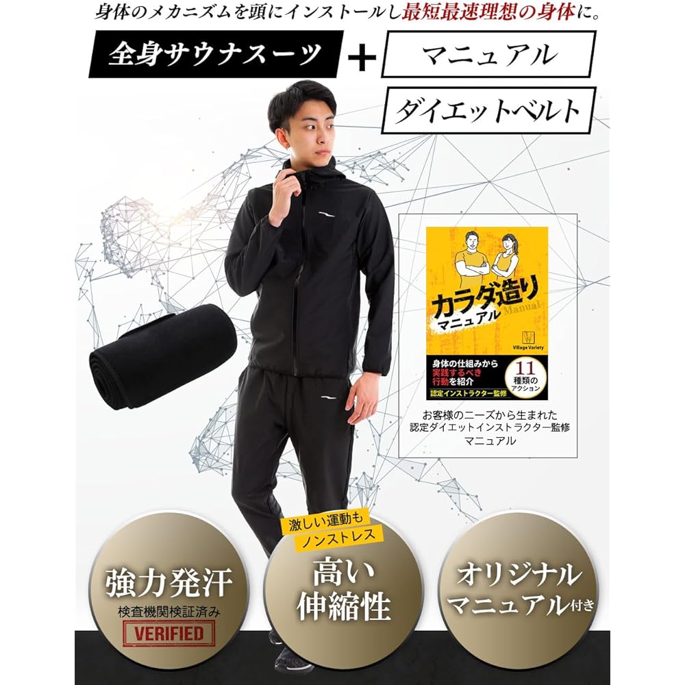 [Village Variety] Men's Sauna Suit [Certified Diet Instructor Supervision Manual Included] Washable Running Wear Top and Bottom Set