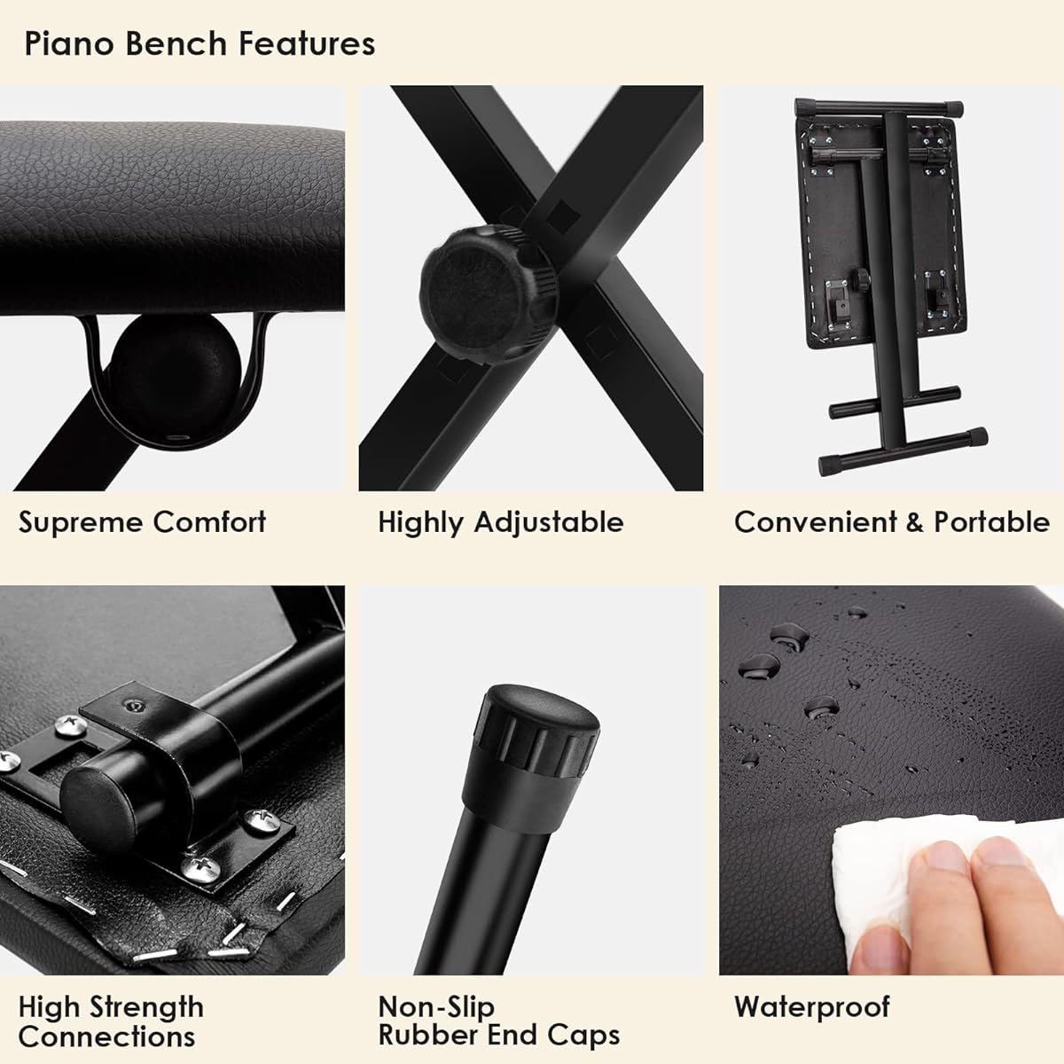 LETSROCK Piano Bench Keyboard Bench X Style Padded Adjustable Portable Stool Folding Chair Foldable Seat Waterproof Anti-Slip Black