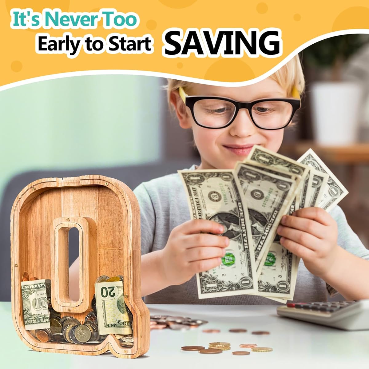 Summidate Personalized Large Unbreakable Wooden Letter Piggy Bank A-Z Alphabet Money Coins Bills Customized Name Box (Initial-Q)