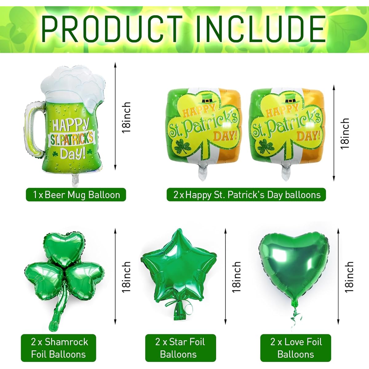 St. Patrick's Day Balloons Set of 17 Aluminum Shamrock Beer Foil Balloons Latex Balloons Green Clover Balloons St. Patrick's Day Irish Festival Decorations