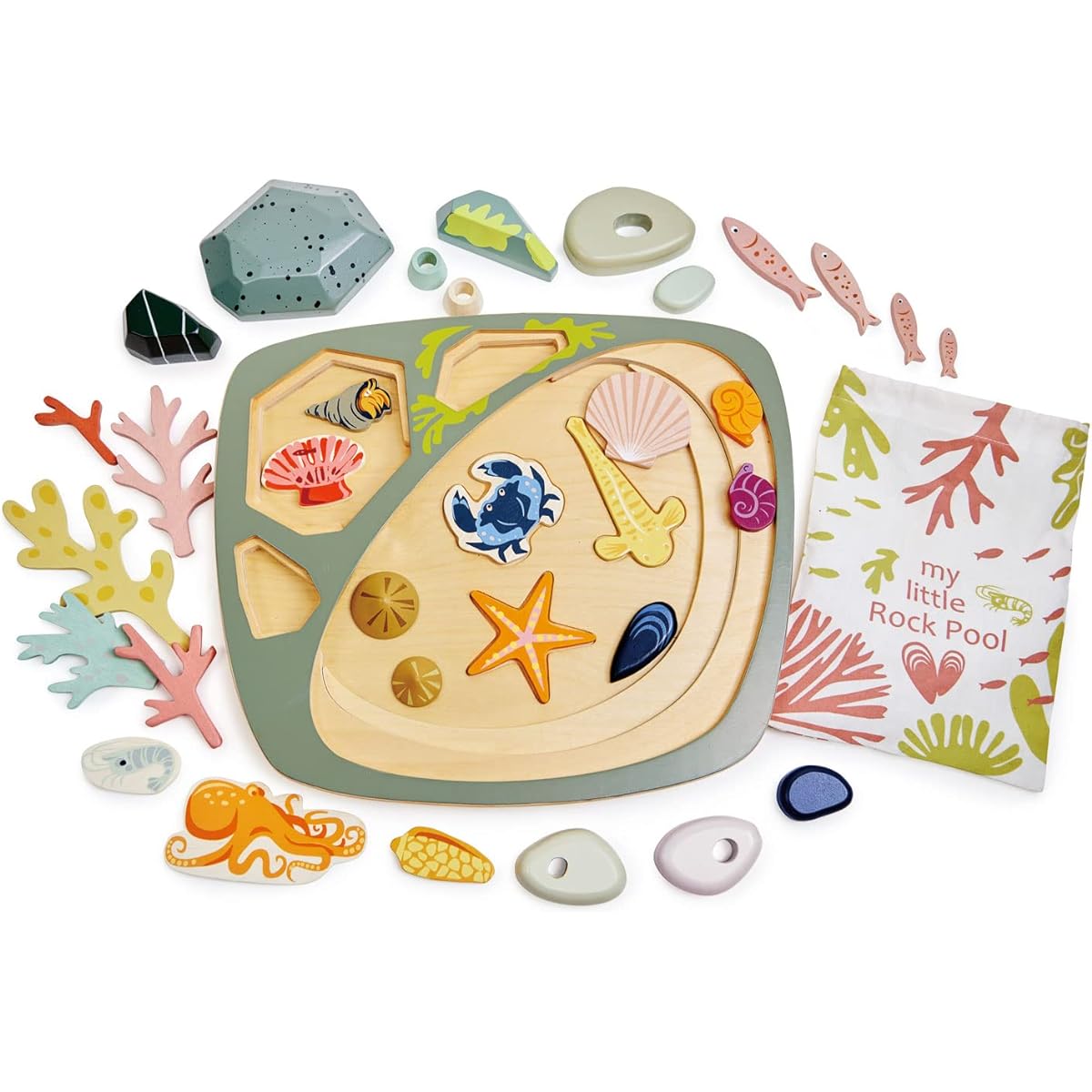 My Little Rock Pool by Tender Leaf Toys - 35 Piece Wooden Sea Creatures Set with Illustrated Drawstring Bag - Educational Toy, Improves Fine Motor Skills, Shape Sorting Play for Boys and Girls, Ages 3+