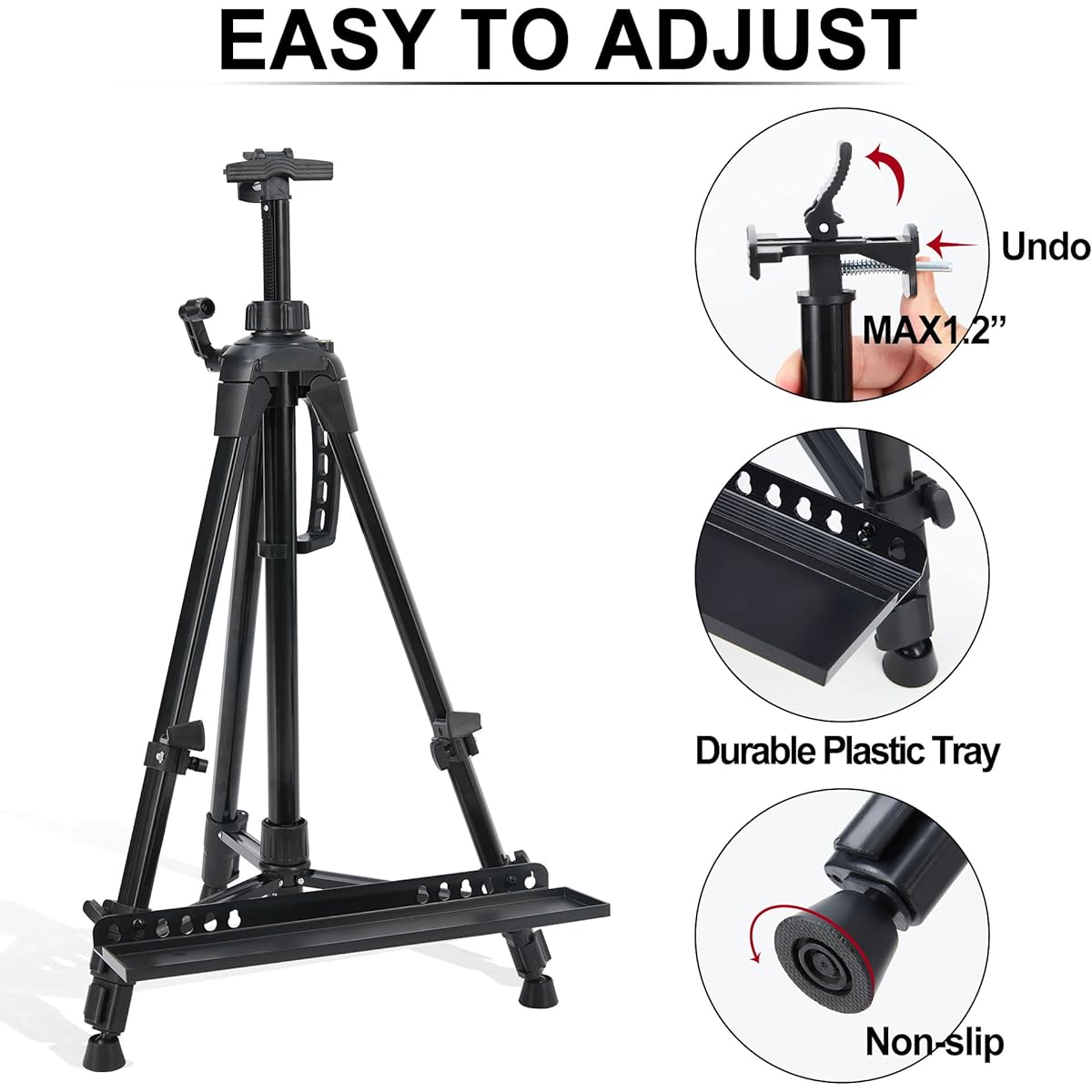 DANMO Easel Stand Canvas Art Easel for Table Top & Floor 53.34cm~160.04cm Adjustable Aluminum Easel with Portable Bag Black