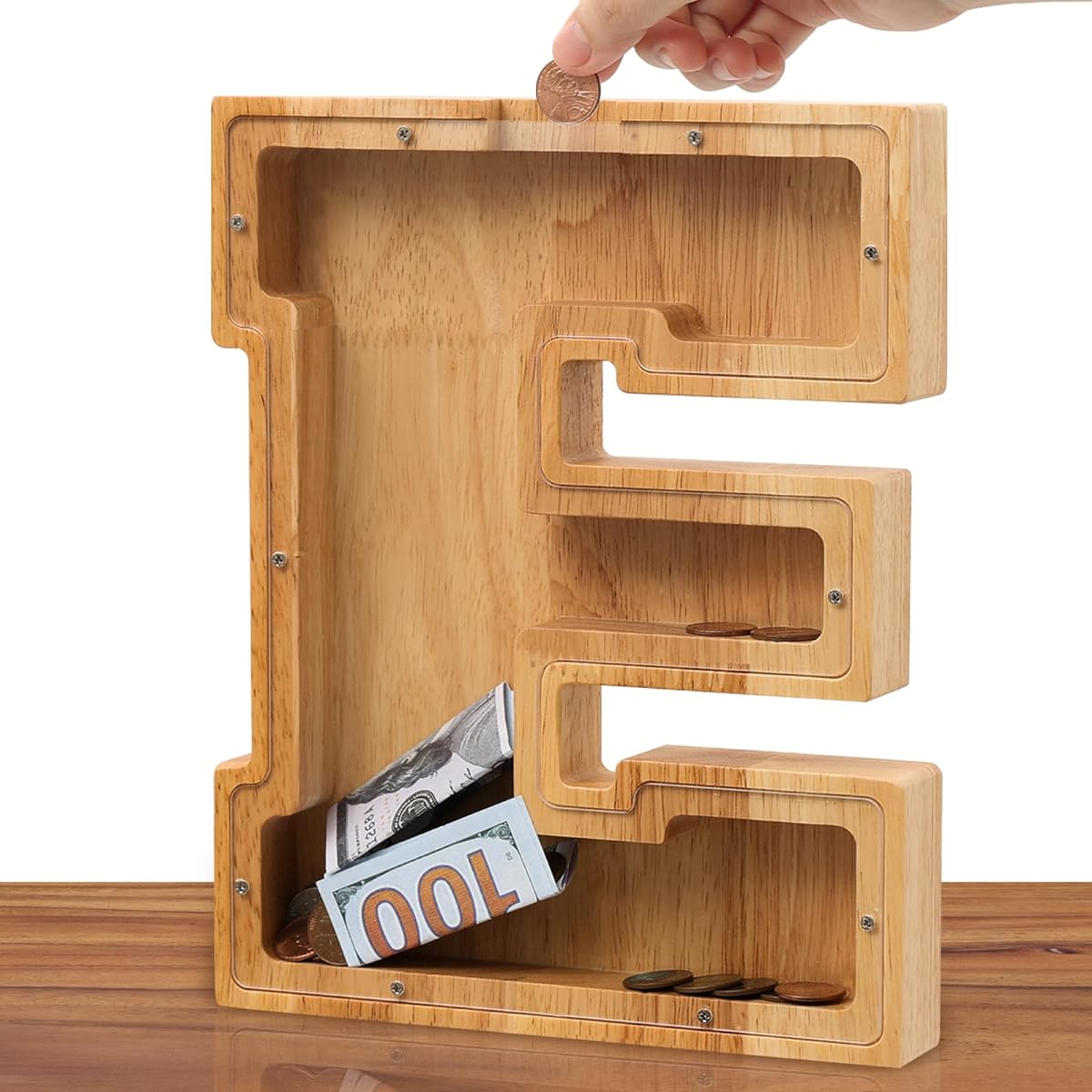 Wooden Letter Piggy Bank for Kids Boys Girls Adults 10 Inch Large 26 Letters Unbreakable Money Box DIY with Stickers Christmas New Year Birthday Gift - E