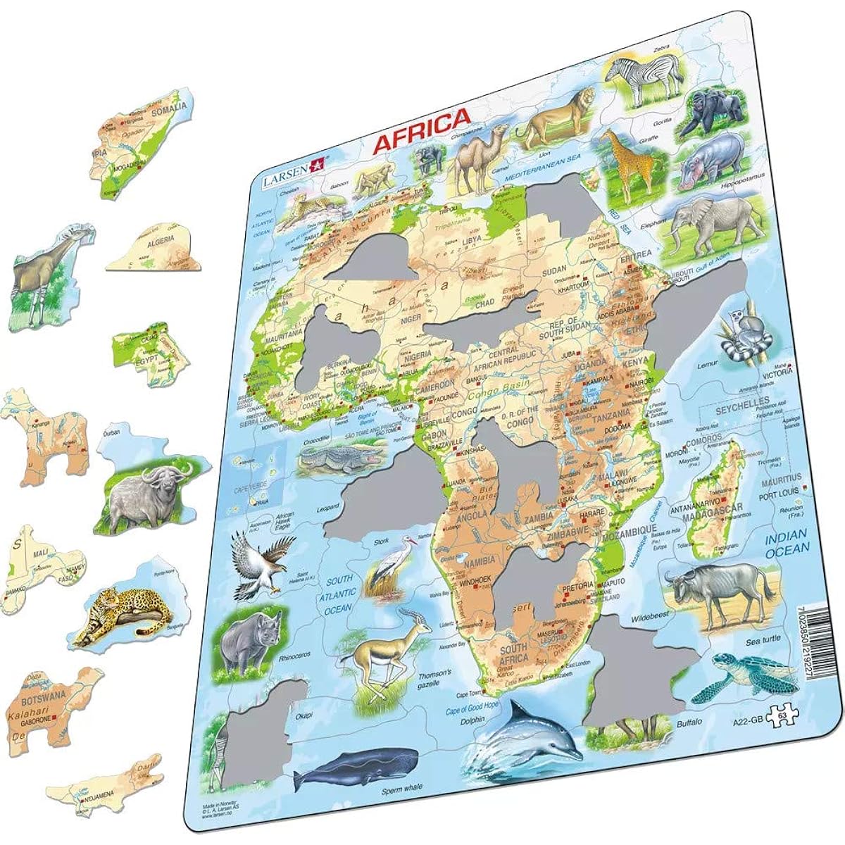 Larsen Puzzles Africa Map Animals Children's Educational Jigsaw Puzzle - 63 Piece Tray & Frame Style Puzzle - Luxury Handmade Puzzle - Imported from Norway