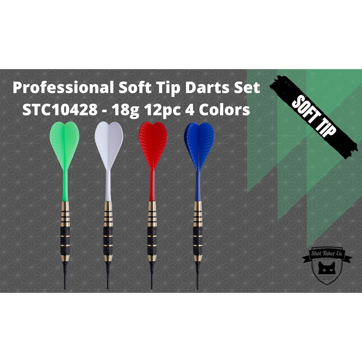 SHOT TAKER CO. EST. 2017 Soft Tip Darts Set | 12 Bar Darts | 50 Extra Black 2BA Tips | 3 of each color | Fun darts perfect for 4 players on electronic and plastic dartboards