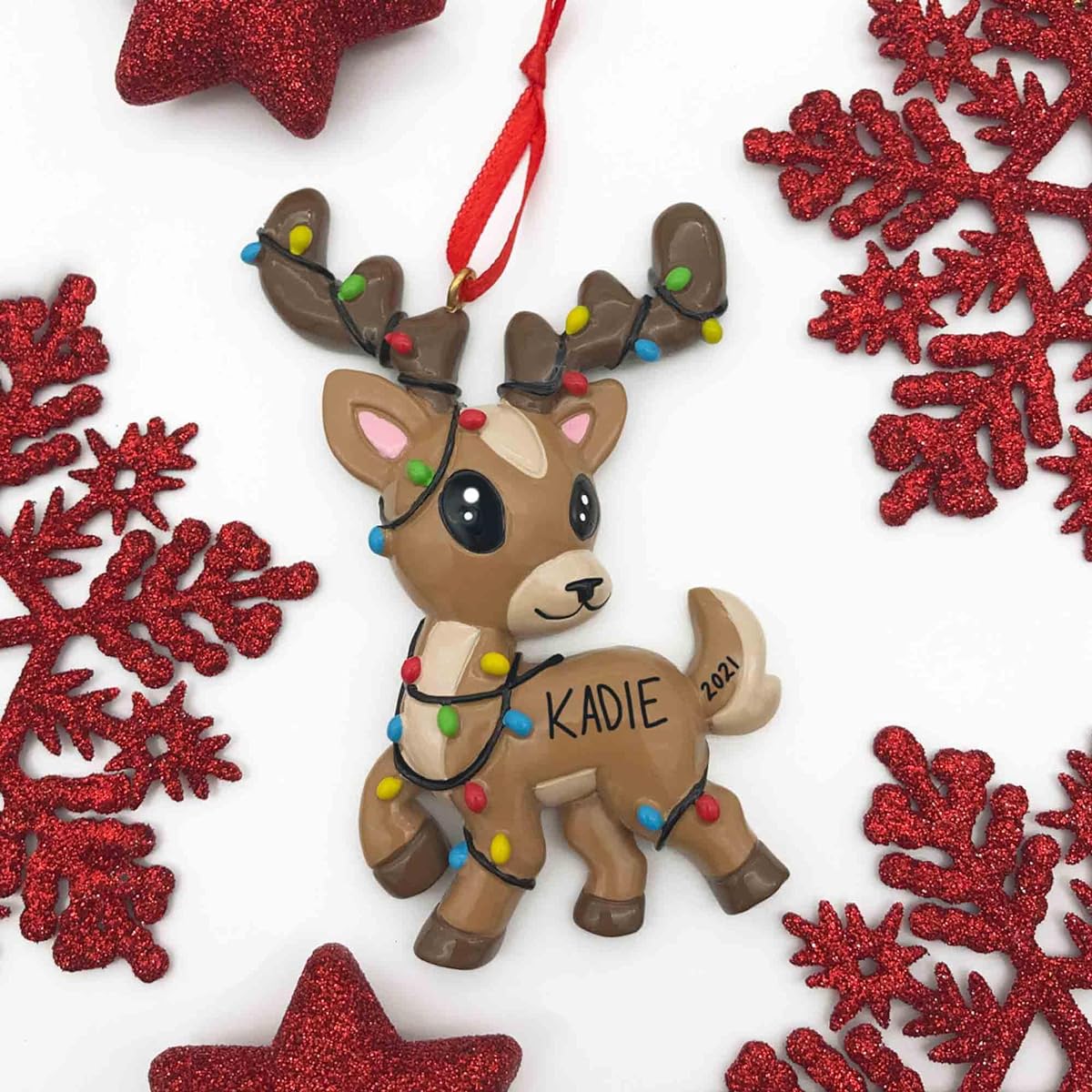 Personalized Winter Fun Christmas Ornament (Reindeer in Lights - Brown)