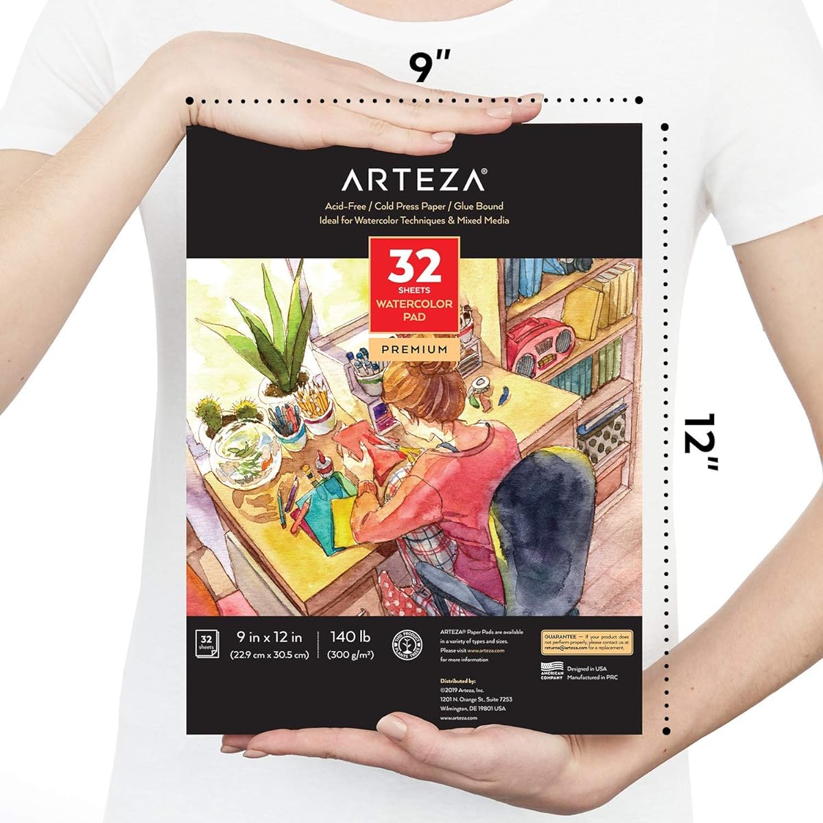Arteza 9"x12" Watercolor Pads - 32 Sheets 140lb/300gsm Glue-Bound Cold Press Acid-Free Watercolor Paper Pads for Wet/Dry/Mixed Media Art Supplies