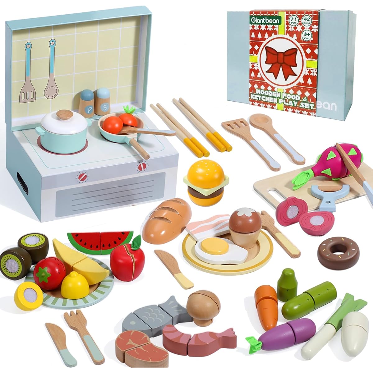 Giant bean Wooden Food Pretend Play Set, Pretend Kitchen Accessories, 54 Items (78 Pieces in Total), Pretend Cooking Toy, Vegetables, Fruits, Cutting Toy, Pretend Play Tableware, Educational Toy for Toddlers, 1-6