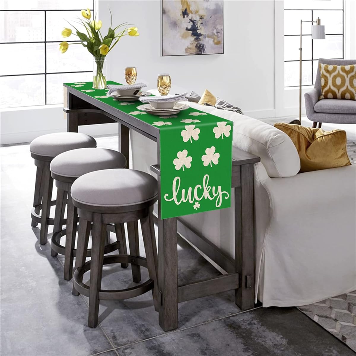 BOTB LIHM St. Patrick's Day Table Runner Lucky Clover Green Shamrock 13x72 Inch Kitchen Dining Table Decor for Indoor/Outdoor/Home Party Decor