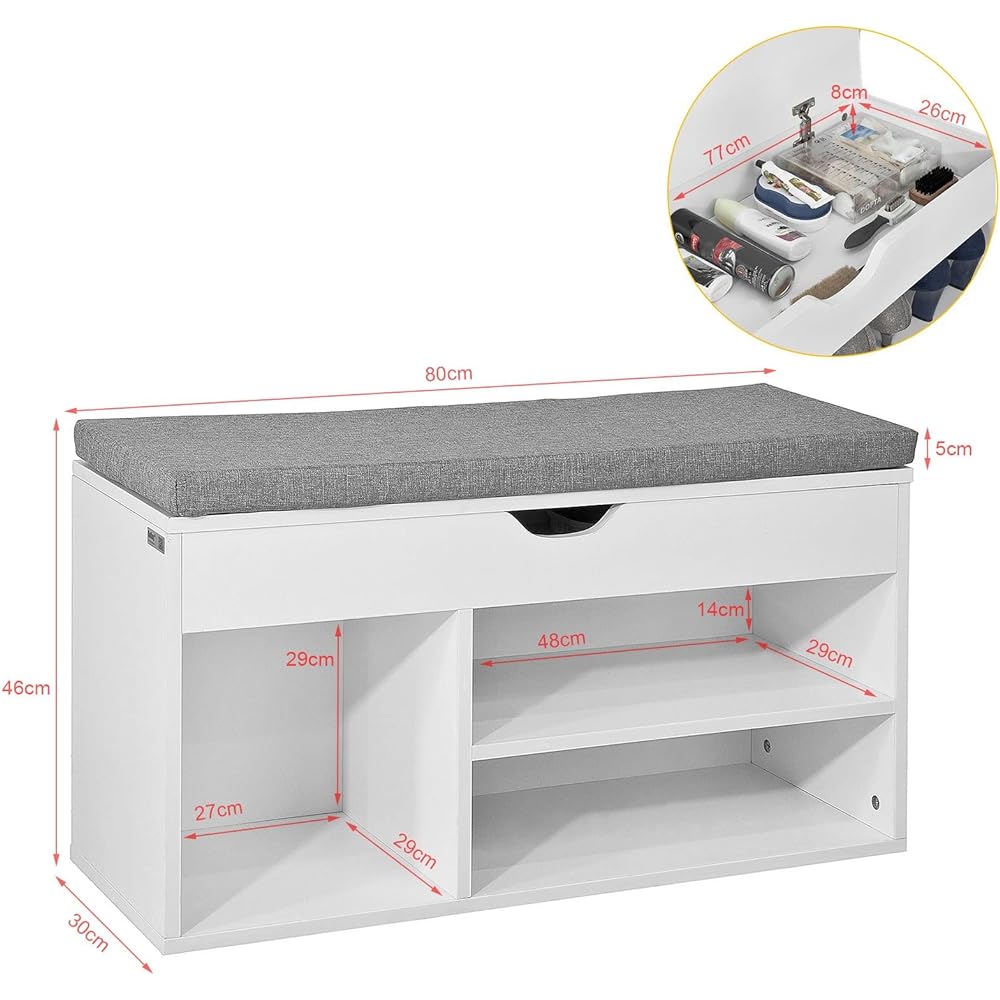 SoBuy Entrance Bench Shoe Rack Storage Bench Slim Shoe Rack Shoe Box Storage Width 80 x Depth 30 x Height 47.5 cm Accessory Storage Shoe Bench Entrance Storage Shoe Storage Entrance Chair Entrance Seat Bench Shoe Shelf Stool Shoe Holder (FSR45-HG/White)