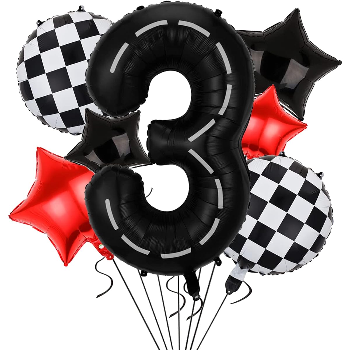 Race Car Birthday Party Balloons 40 Inch Big Mylar Foil Race Track Number Balloons 3 Black for Boys 3rd Birthday Party Decorations Race Car Theme Party Decorations Supplies Set of 9