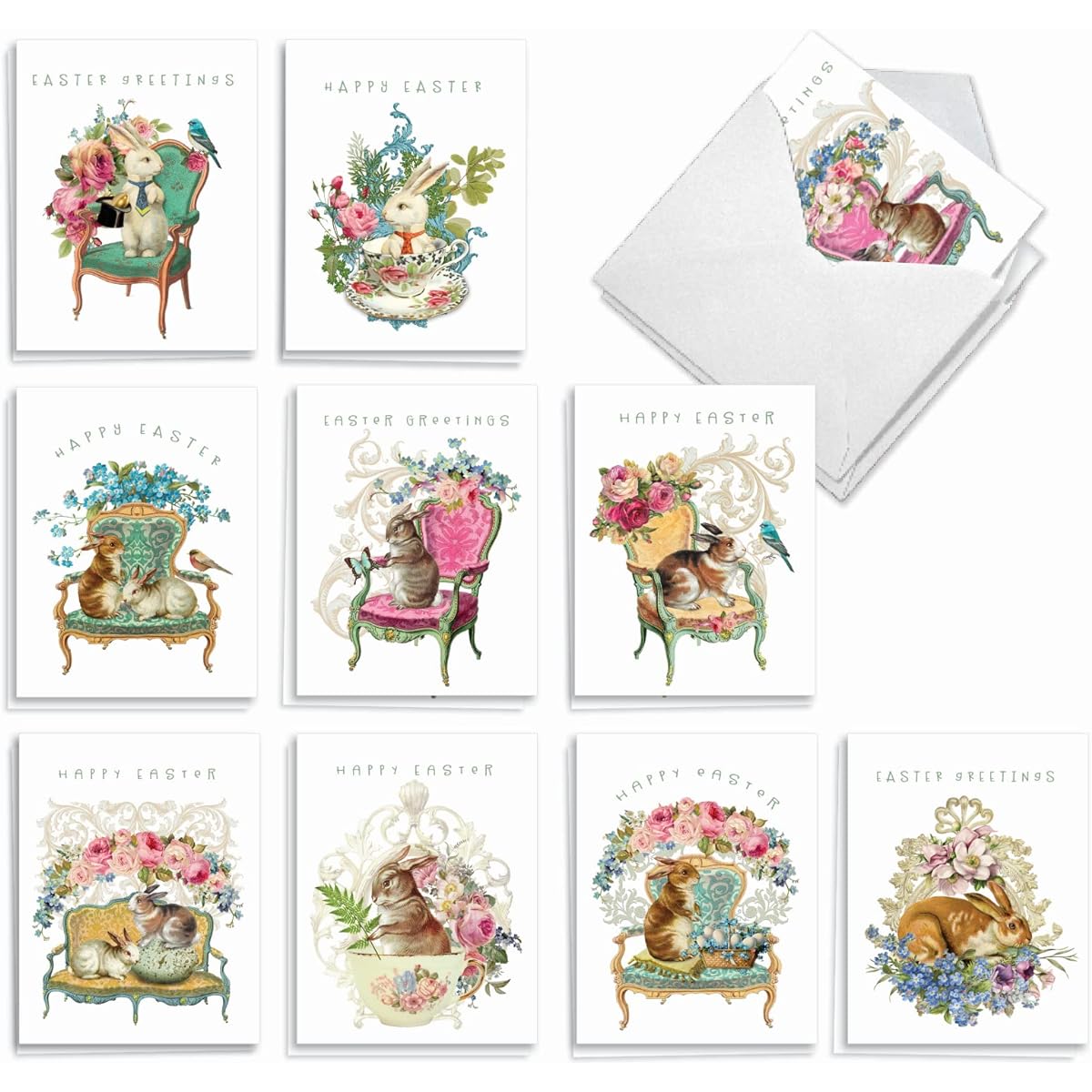 The Best Card Company Victorian Flowers and Bunnies - 20 Assorted Boxed Easter Note Cards with Envelopes (4 x 5.12 inches) - Bunnies for Spring Holidays AM3513EAG-B2x10