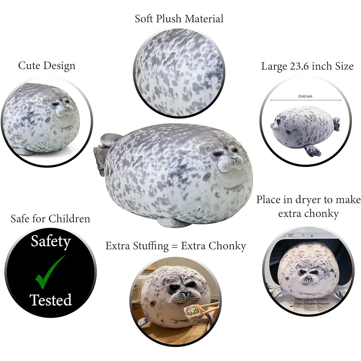PINEAPPLE Chubby Blob Seal Plush Pillow, Cute Animal Seal Stuffed Animal Cotton Plush Toy, Ocean Grey, Large (23.6 Inch)