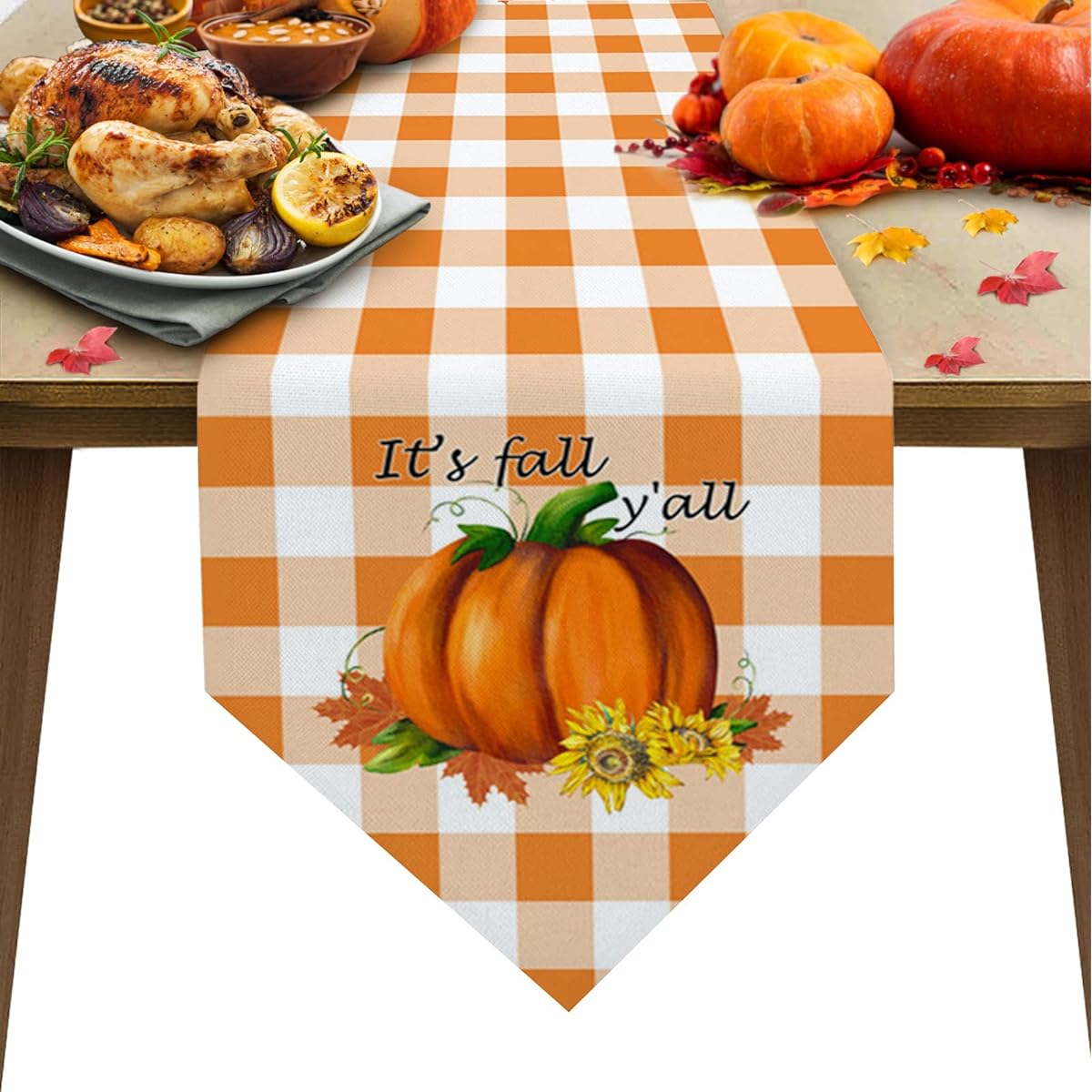Fall Table Runner 36 Inch Length Thanksgiving Orange White Plaid Pumpkin Non-Slip Washable Burlap Table Linen for Family Dinner/Outdoor/Indoor Party Wedding Gathering Table Decoration
