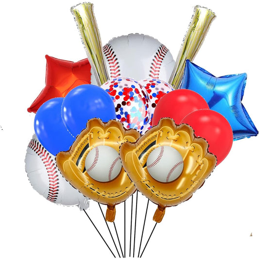 16pcs Baseball Foil Balloons Set, Baseball Glove, Baseball Bat Balloons with Latex Balloons, Red Blue Star Mylar Balloons for Baseball Party Decorations