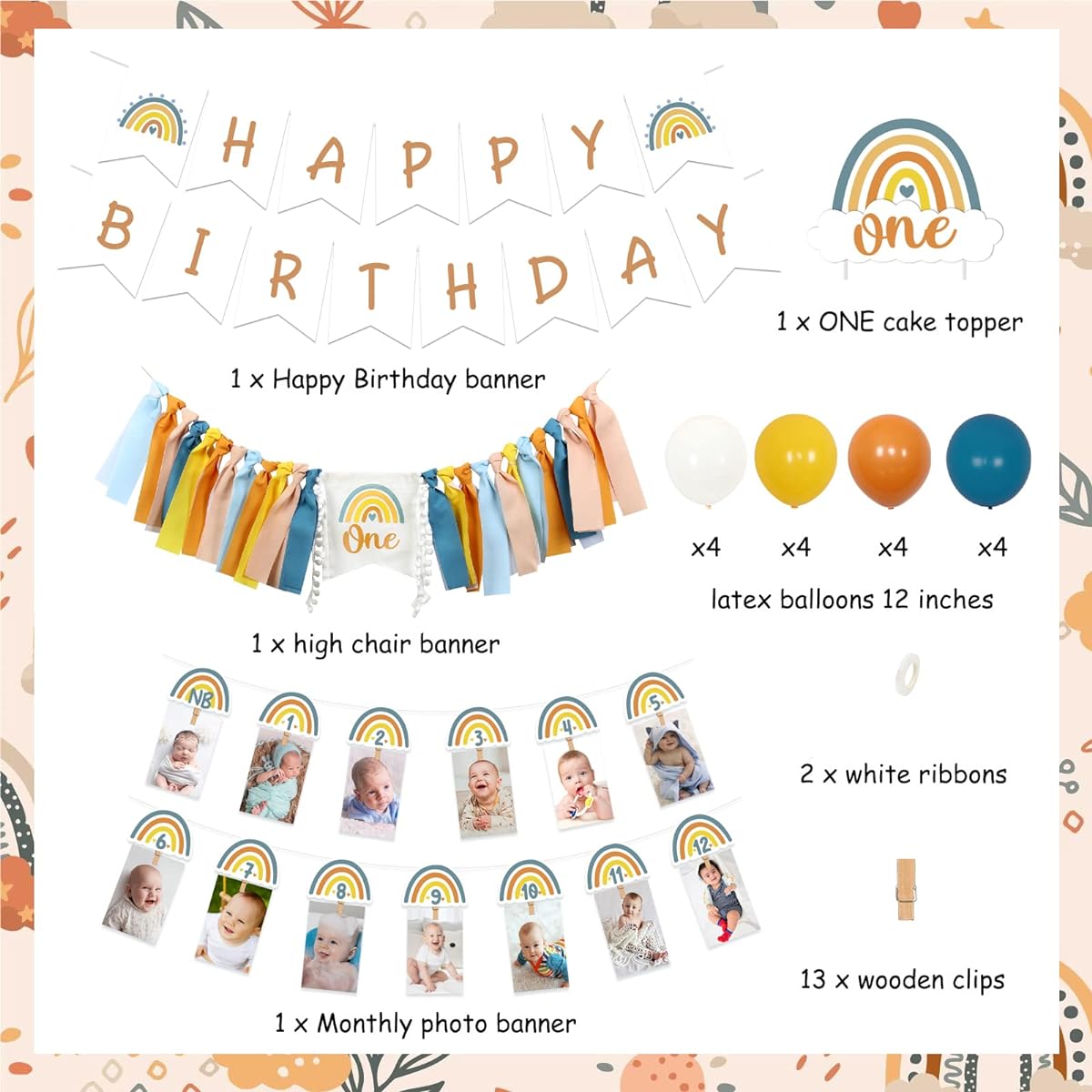 Boho Rainbow 1st Birthday Decorations for Boys Blue Bohemian Rainbow Birthday Cake Topper Highchair Banner Happy Birthday Banner Monthly Photo Banner Balloons Retro Boho Rainbow Party Supplies