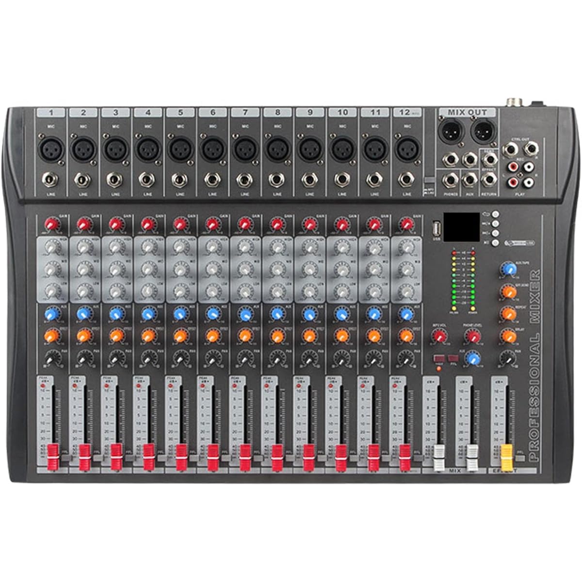 Tadill 12 Channel Audio Mixer DJ Sound Controller USB TRS Input V5.0 48V XLR Mic Jack Karaoke Interface Mixing Board Live Studio Stereo