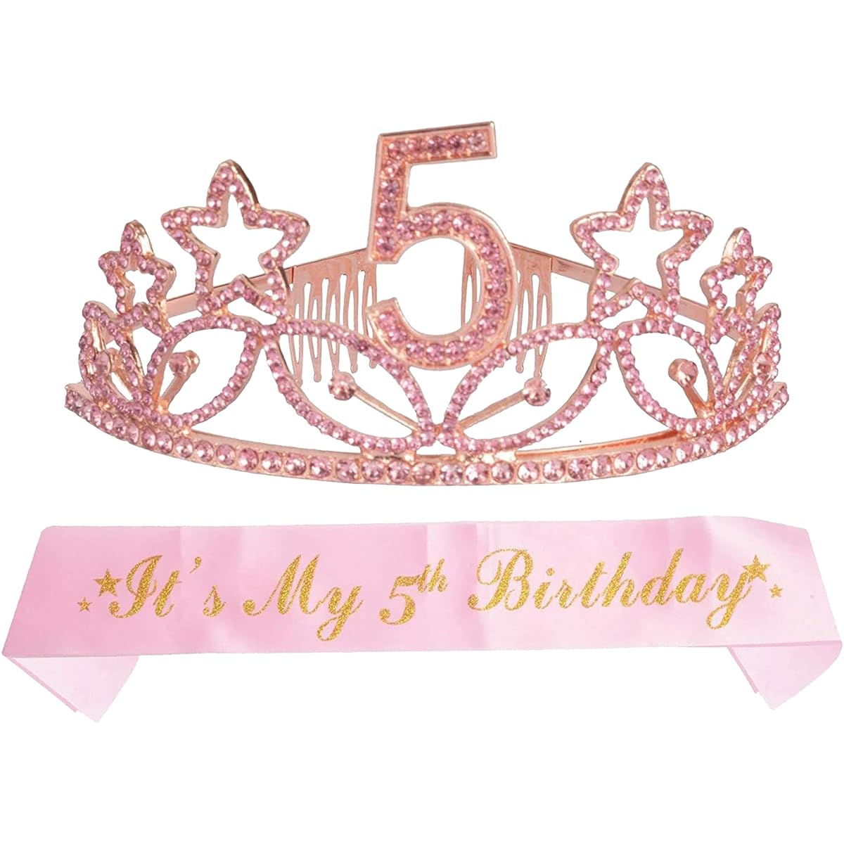 5th Birthday Sash and Tiara for Girls - Lovely Glitter Sash + Star Rhinestone Pink Premium Metal Tiara for Girls 5th Birthday Gifts for Princess Party