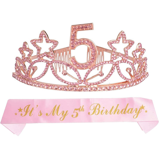 5th Birthday Sash and Tiara for Girls - Lovely Glitter Sash + Star Rhinestone Pink Premium Metal Tiara for Girls 5th Birthday Gifts for Princess Party