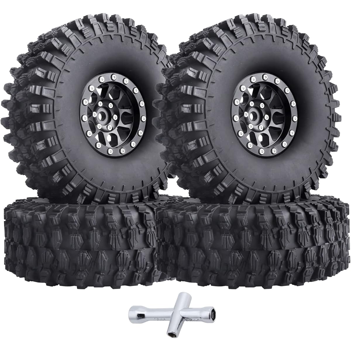 FriHobby 1.9" Beadlock Wheel and Tire Set 12mm Wheel Hub for 1/10 Scale RC Crawler Vehicle Truck Compatible with Traxxas TRX4 Axial SCX10 Redcat Gen 8 RC4WD (Black Rims)